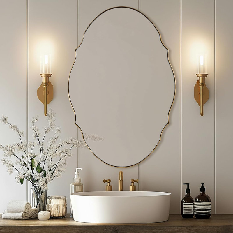 Contemporary Oval Scalloped Wall Mirror Irregular Bathroom Vanity Mirror | Stainless Steel Frame, Brushed Gold, 36" x 24"