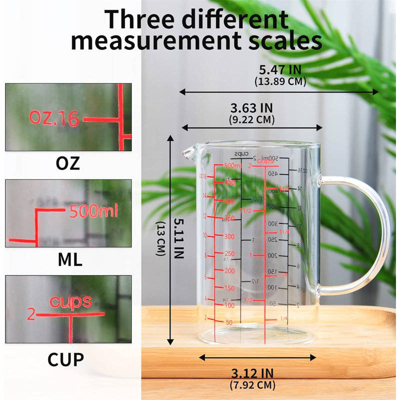 Tasse à mesurer en verre, 1000 ml (4 tasses), borosilicate, échelle à double face, H 5,10 po x l 3,10 po x P 5,40 po