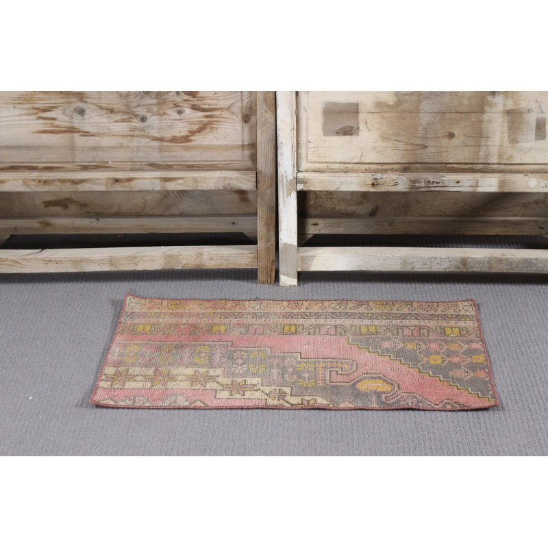 Vintage Turkish Handwoven Wool Rug in Pink for Small Entryway Decorations and Boho Style Interiors