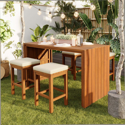 5 Piece Outdoor Bar Set, Patio Acacia Wood Bar Height Table & Four Stools With Cushions, Wood Dining Bar Set For Backyard, Poolside, Balcony, Beige Cushion And Natural Wood