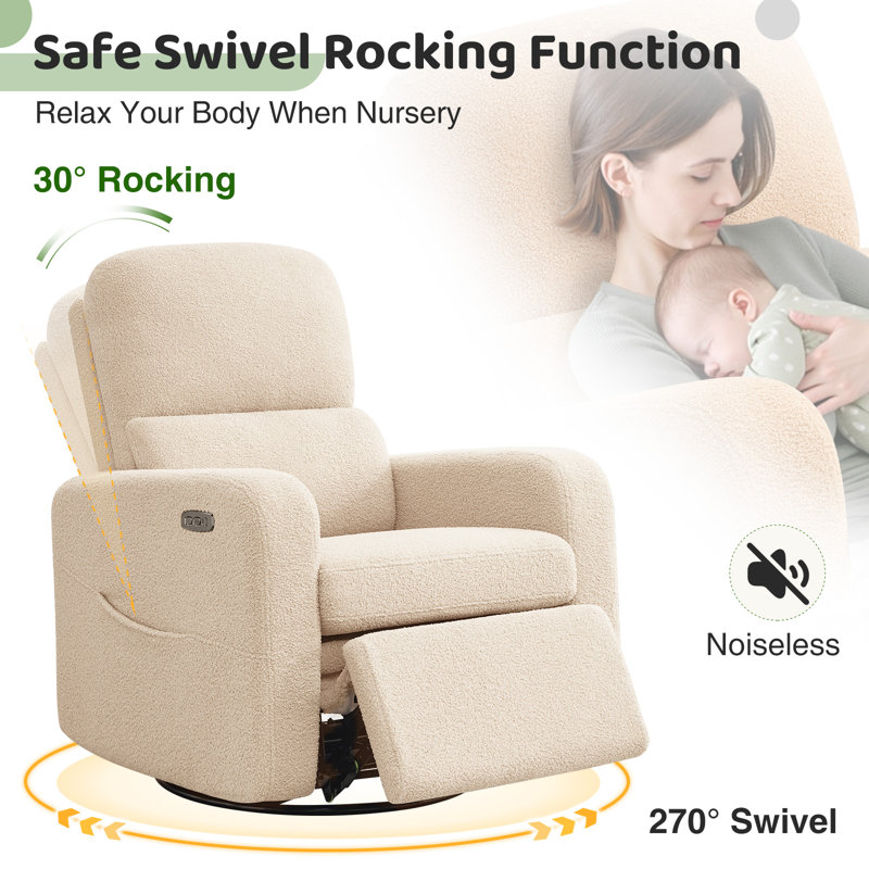 Breh  36"W Power Swivel Rocker Glider Recliner with USB and Type-C Port, Beige Teddy