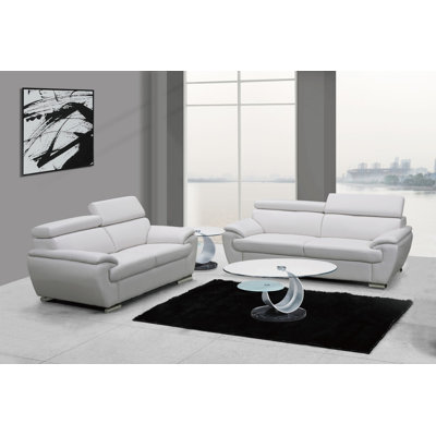 Two Piece Indoor Gray Genuine Leather Five Person Seating Set