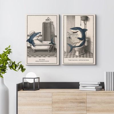 Shark in Bathroom Canvas Wall Art Set, Playful Tub and Toilet Humor Framed Prints for Modern Powder Room or Coastal Decor