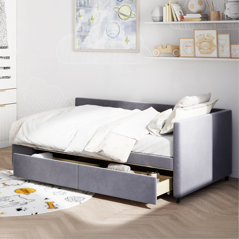 Lit plateforme simple tapissier en forme de L avec rangement et tiroirs, Gris