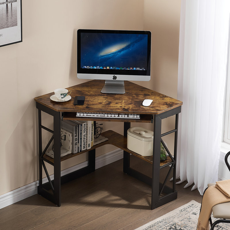 Lambrecht Corner Computer Desk with Smooth Keyboard and Storage Shelves, Farmhouse Triangle Computer Desk for Home Office, Living Room, Bedroom and Small Spaces