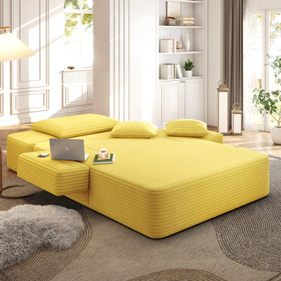 Luxueuse chaise longue en velours côtelé moelleux avec 3 coussins, canapé-lit convertible avec poche de rangement, conception sans cadre et mousse à compression pour les petits espaces, salon, appartement, jaune