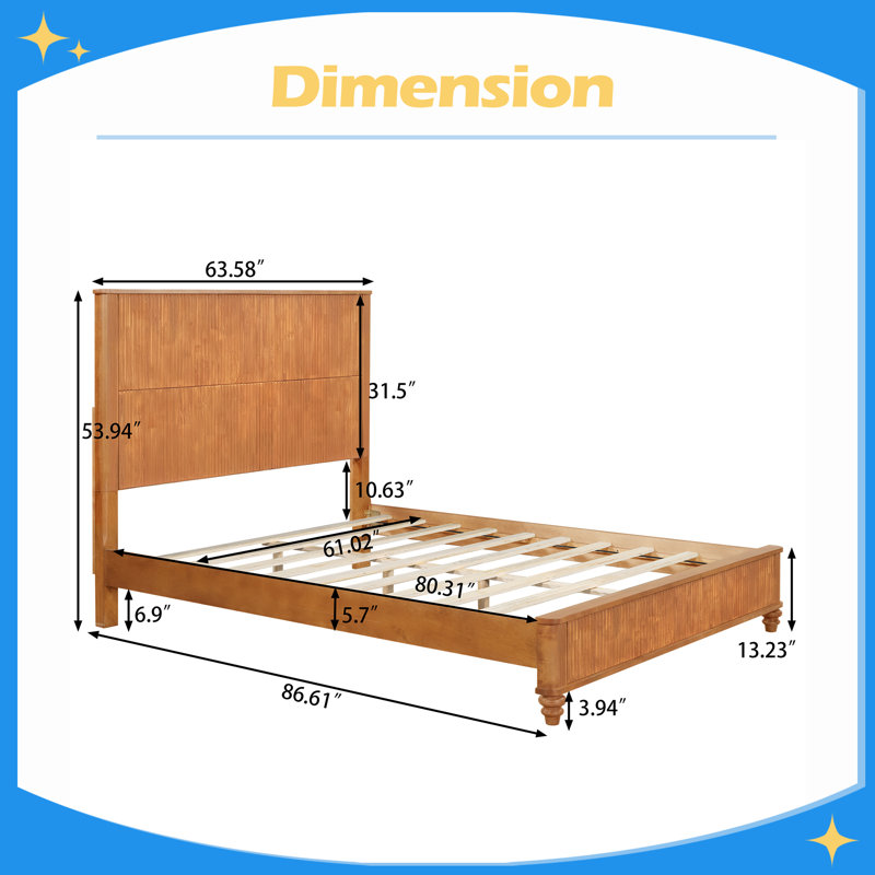 Base de lit plateforme avec tête de lit, grand lit en bois naturel, aucun sommier requis, Queen, Naturel