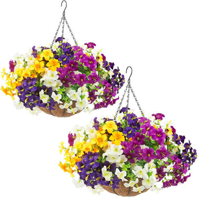 2 Pack Artificial Hanging Flowers, 24 Pcs UV Resistant Faux Petunias With Baskets, Spring Outdoor Decor For Front Door Porch