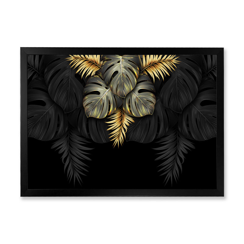 Feuilles tropicales noires et dorées IV - Impression sur toile, H 24 po x l 32 po x 1,5 po, Toile avec cadre noir