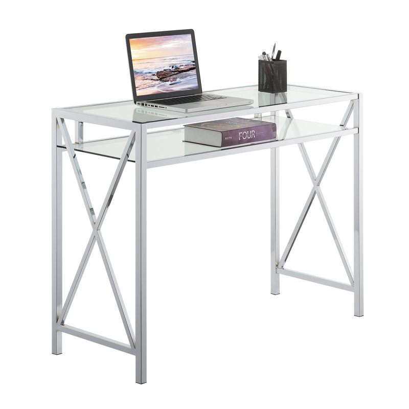 Darek Chrome 42" Glass Writing Desk with Shelf