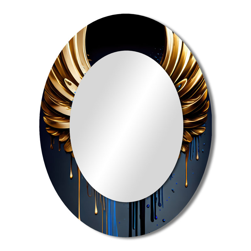 Miroir mural bleu et or avec ailes d'ange III, 43 po x 33 po
