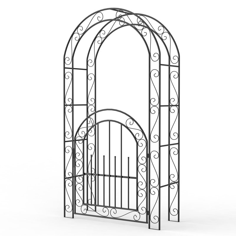 7 FT Classic Black Garden Arch with Gate   Sturdy Metal Wedding Arbor for Climbing Roses Vines and Flowers Elegant Steel Archway for Patio Lawn or Backyard Decor