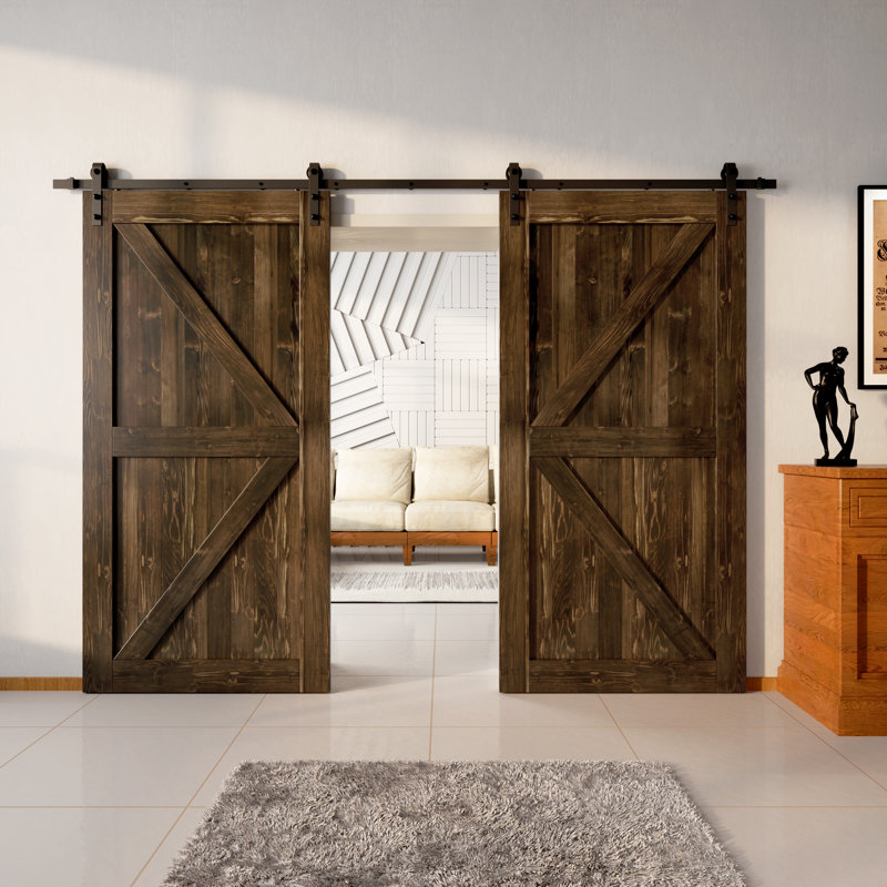 Porte en bois de pin K Design non assemblé avec quincaillerie d'installation rustique noire à deux portes, 54 po x 84 po