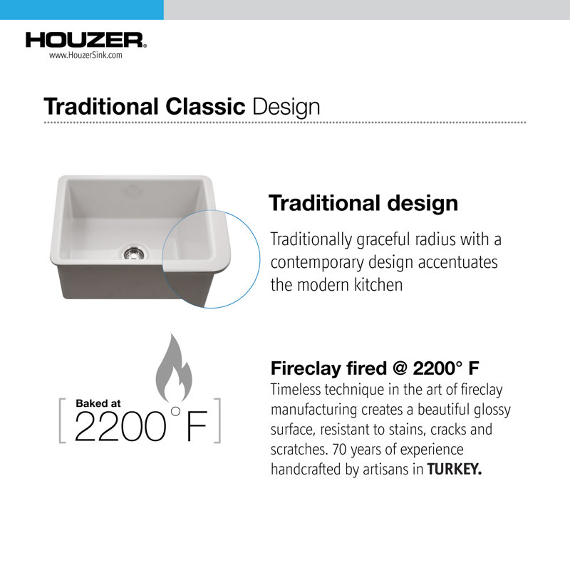 Évier de cuisine à simple cuve encastrable en argile réfractaire de 26 pouces Houzer - PTU-2800, Brun
