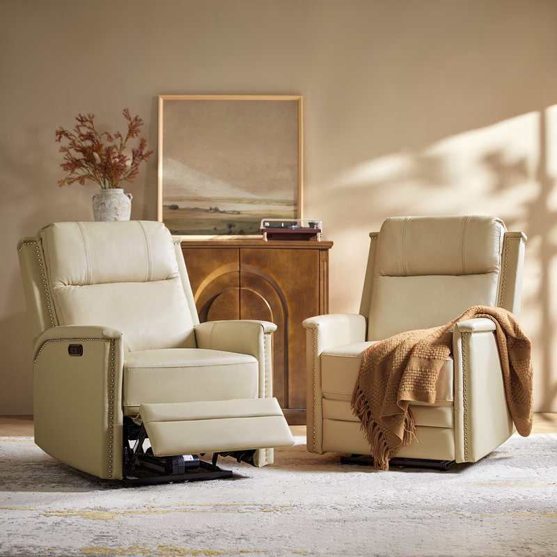 Fauteuil inclinable électrique en cuir véritable Rueda avec port USB intégré, Cuir véritable beige