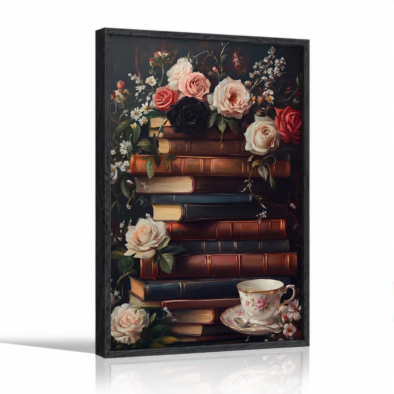 Pile de livres anciens en cuir et roses avec une toile murale d'Halloween, 48"H x 32"W
