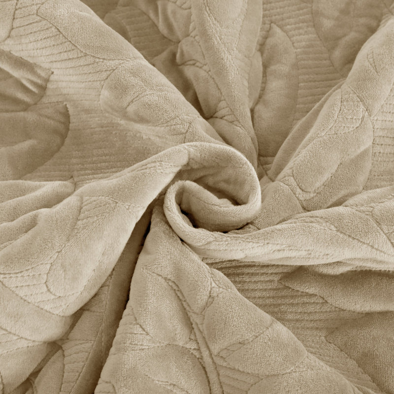 Marcielo Oversized Embroidered Velvet Quilt Set With 2 Pillow Shams, Beige, King Quilt + 2 King Shams