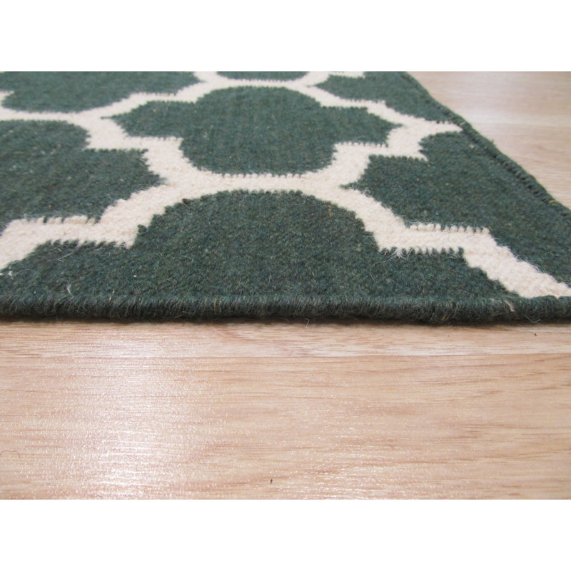 Flatweave Wool Geometric Area Rug, Rectangle 9' x 12', Green