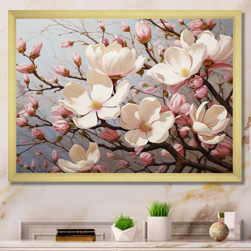 Blanc, rose, magnolia Magnolia Symphony I - art sur toile Magnolias, H 24 po x l 32 po x P 1 po, Cadre doré à une seule photo