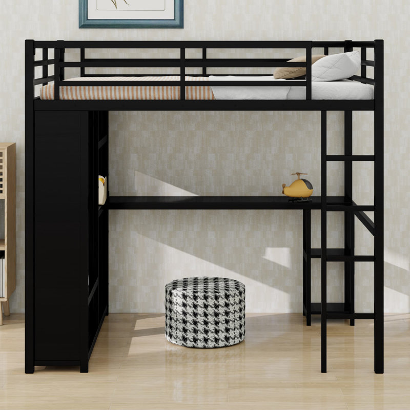 Loft Bed Frame With Built-In Wardrobe, Black, Queen