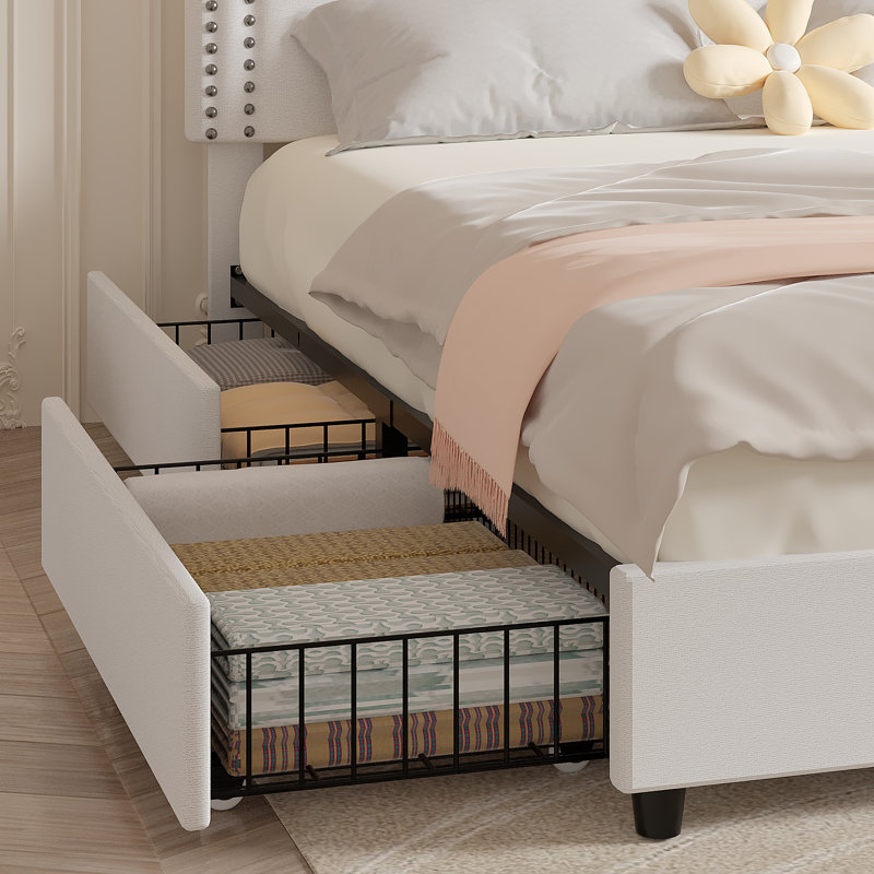 White Velvet Upholstered King Platform Bed with Storage Drawers