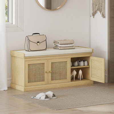 Shoe Storage Bench with Woven Rattan, Shoe Bench with Cushion, Adjustable Shelves, Entryway Bench for Bedroom, Living Room