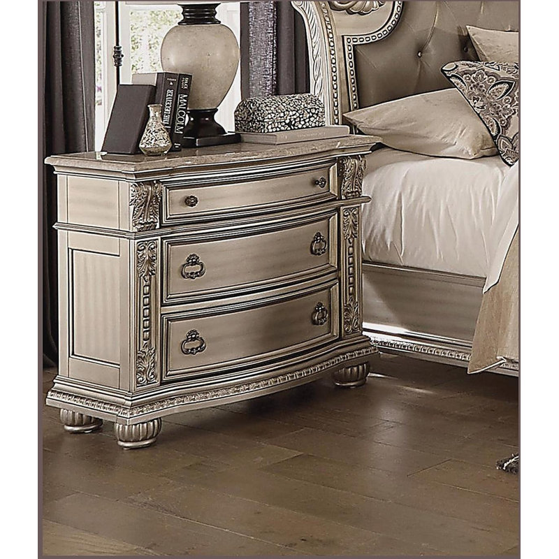 Table de chevet 1 pièce au fini argent argenté avec mobilier de chambre traditionnel en marbre véritable
