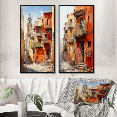 City of Terracotta Townscape - City Buildings, ensemble de 2 reproductions d'art mural