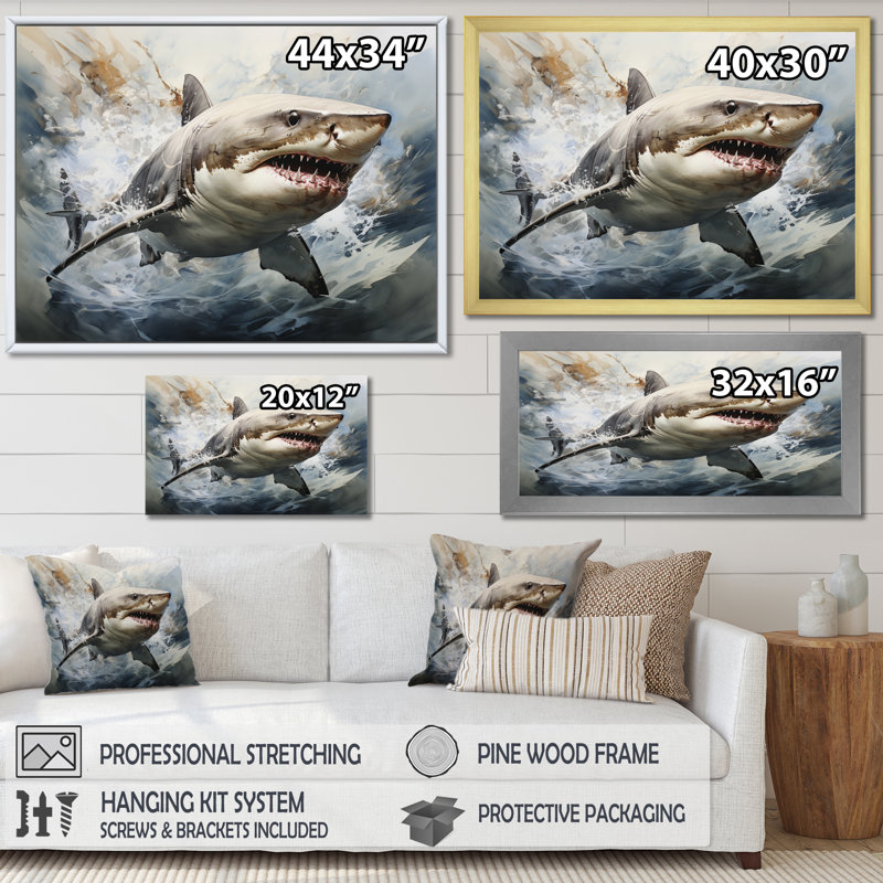 " Gray Shark Silent Hunter I ", 16" H x 32" W x 1" D, Black Floater Framed