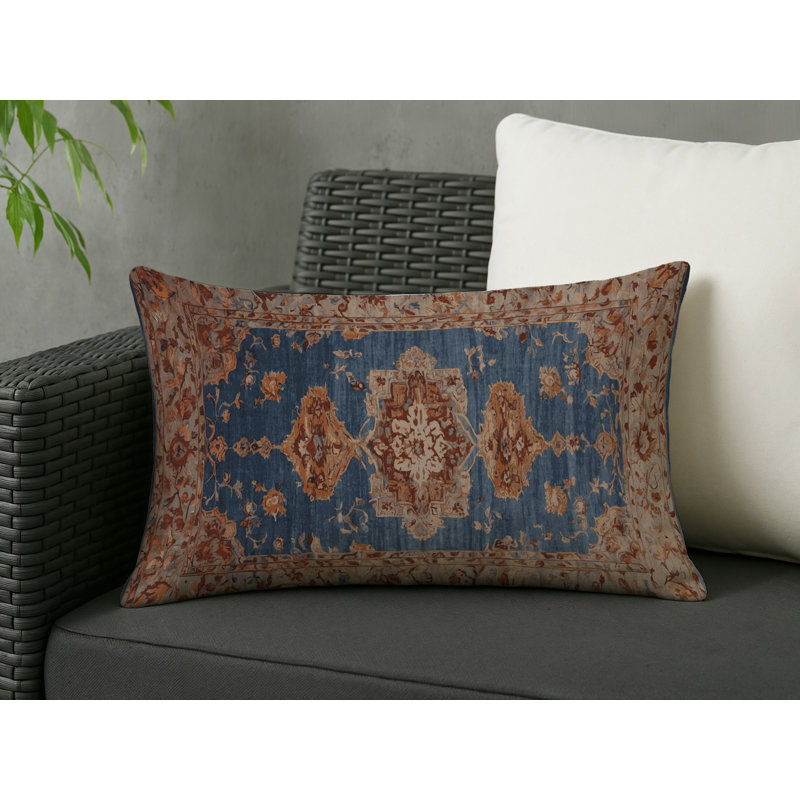 Coussin décoratif intérieur et extérieur Modern, Denim bleu / brun clair / beige damassé, Rectangle H 25 po x l 18 po