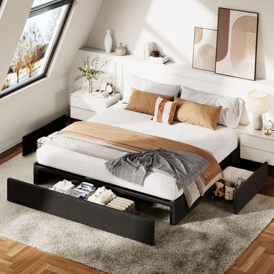 Bed Frame with 3 Large Storage Drawers, Fabric Upholstered Platform Bed, Wooden Slats Support, No Box Spring Needed