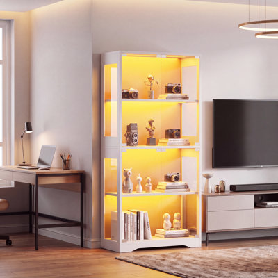 13.7" Narrow Display Cabinet with Adjustable RGB LED Lights & Shelves, Tempered Glass Door Storage Cabinet, Freestanding Curio Cabinet for Collectibles, Figurines, Bedroom, Living Room
