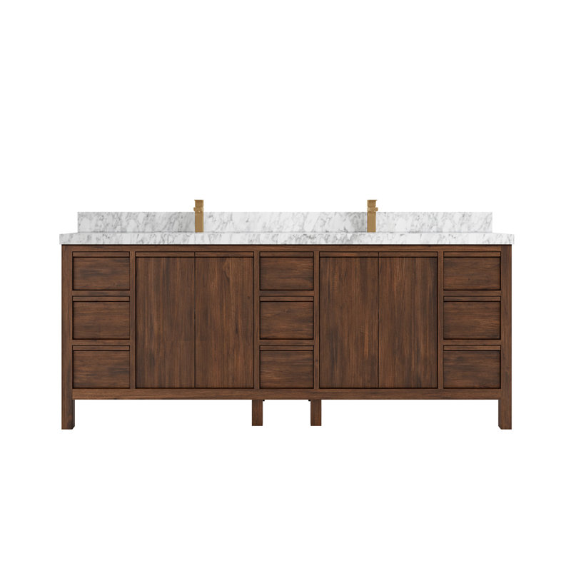 84'' Double Bathroom Vanity with Quartz Top, Dark Walnut, Carrara Marble