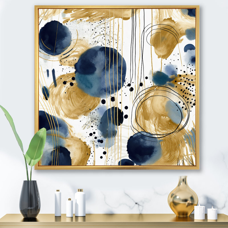 Motif abstrait avec textures bleues et dorées VII sur toile, Cadre flottant doré, H 24 po x l 24 po x P 1 po