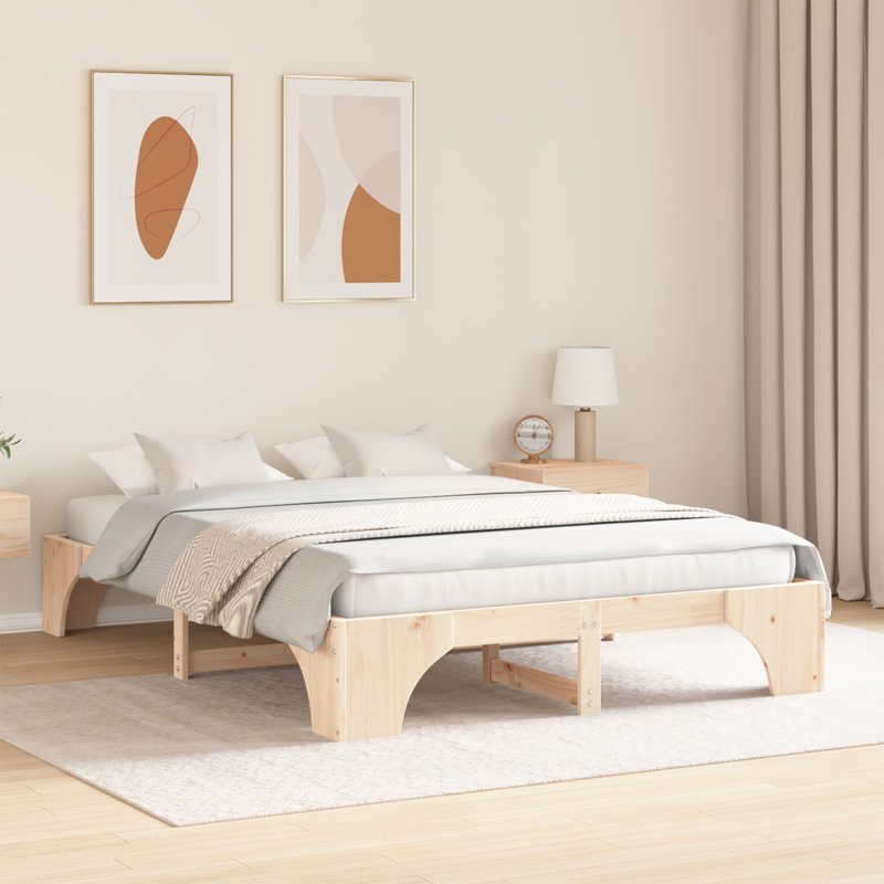 Floor Bed Frame Solid Pine Wood, Kingsize (5'), Beige