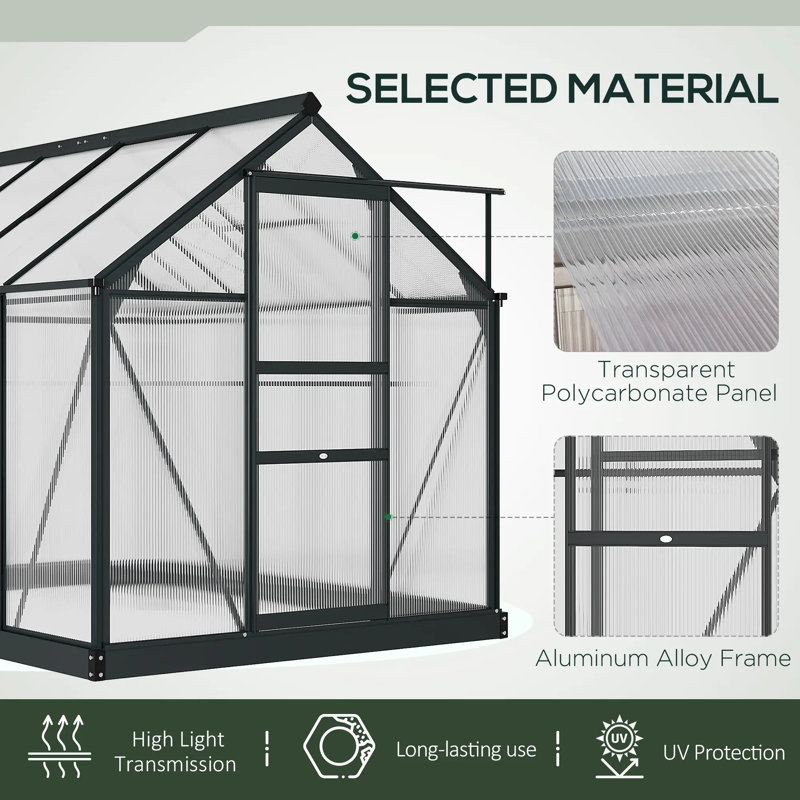 Serre en polycarbonate avec évent de toit et gouttière, Gris, H 6,6 pi x l 6,2 pi x P 8,3 pi