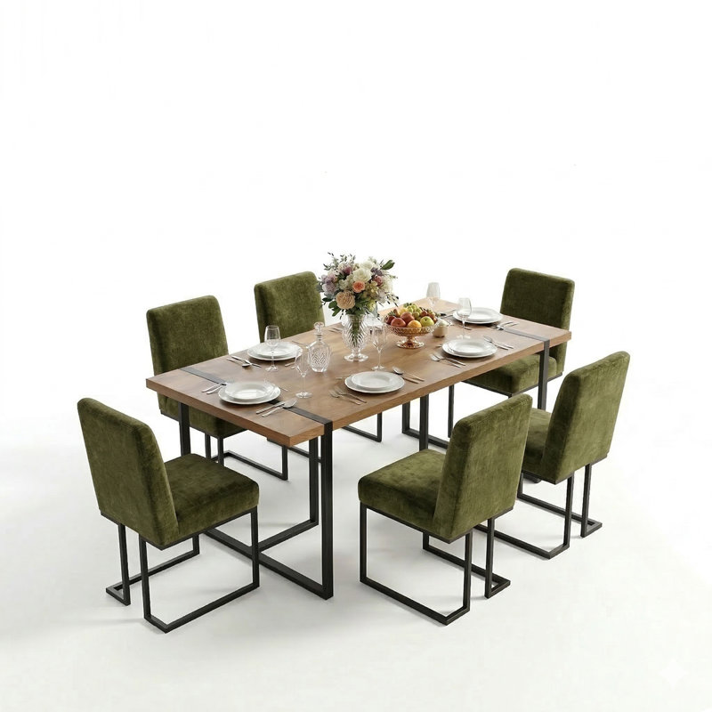 7-Piece Modern Rectangular Dining Table Set For 6 With Upholstered Dining Chairs, Green