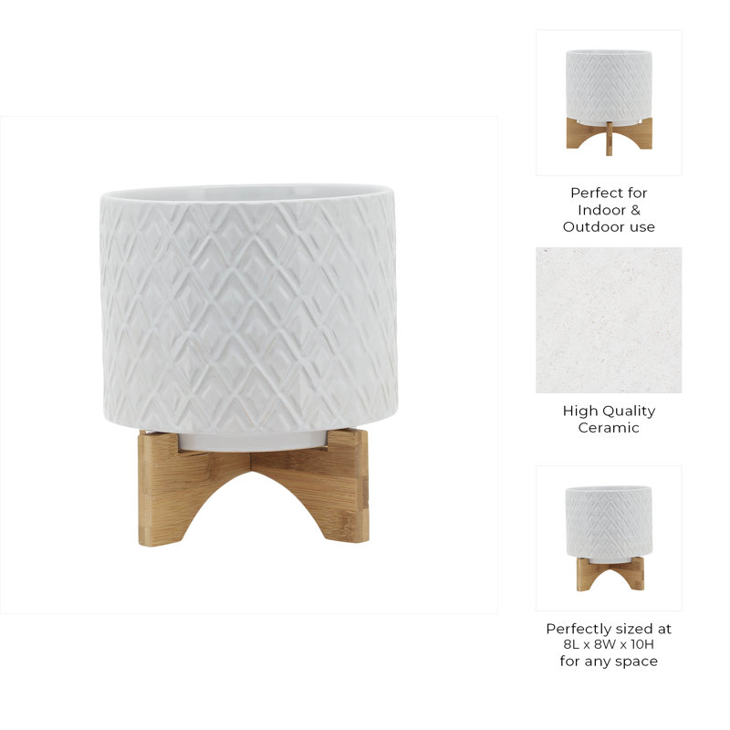 Modern Ceramic Planter with Wooden Stand - Stylish Textured Design, Contemporary Home Decor Accent, Durable Stoneware Construction, Sleek and Minimalist Look for Indoor Spaces