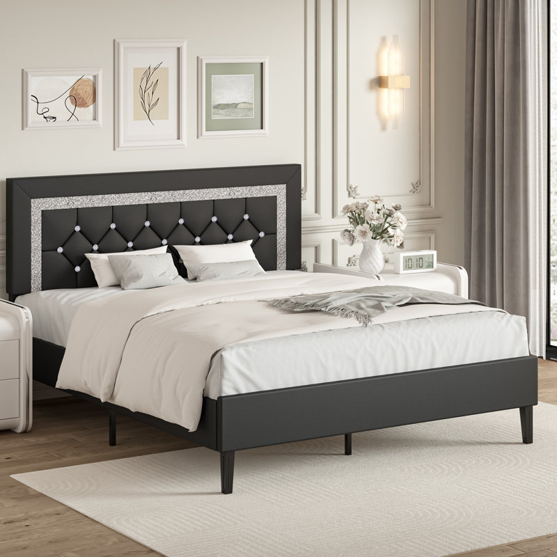 Alber Bed Frame with Tufted Button Headboard, Upholstered Platform Bed Frame with Diamond Design, Wood Slat Support, No Box Spring Needed, Easy Assembly