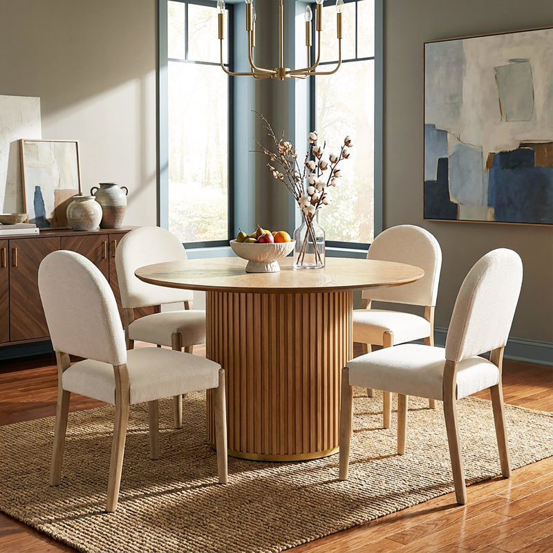 Logan 5-Piece Round Pedestal Dining Table Set With Upholstered Armless Dining Chairs, Light Ash