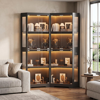 Ensemble de 2 vitrines en verre, armoires de rangement à 4 niveaux avec 3 lumières colorées, armoires de coin pour collectionner les livres de jouets, armoires de rangement pour le salon, noir