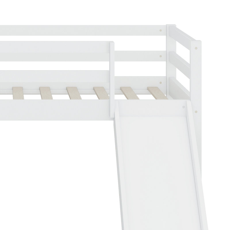 Low Loft Bed With Slide, Ladder, Safety Guardrails, White