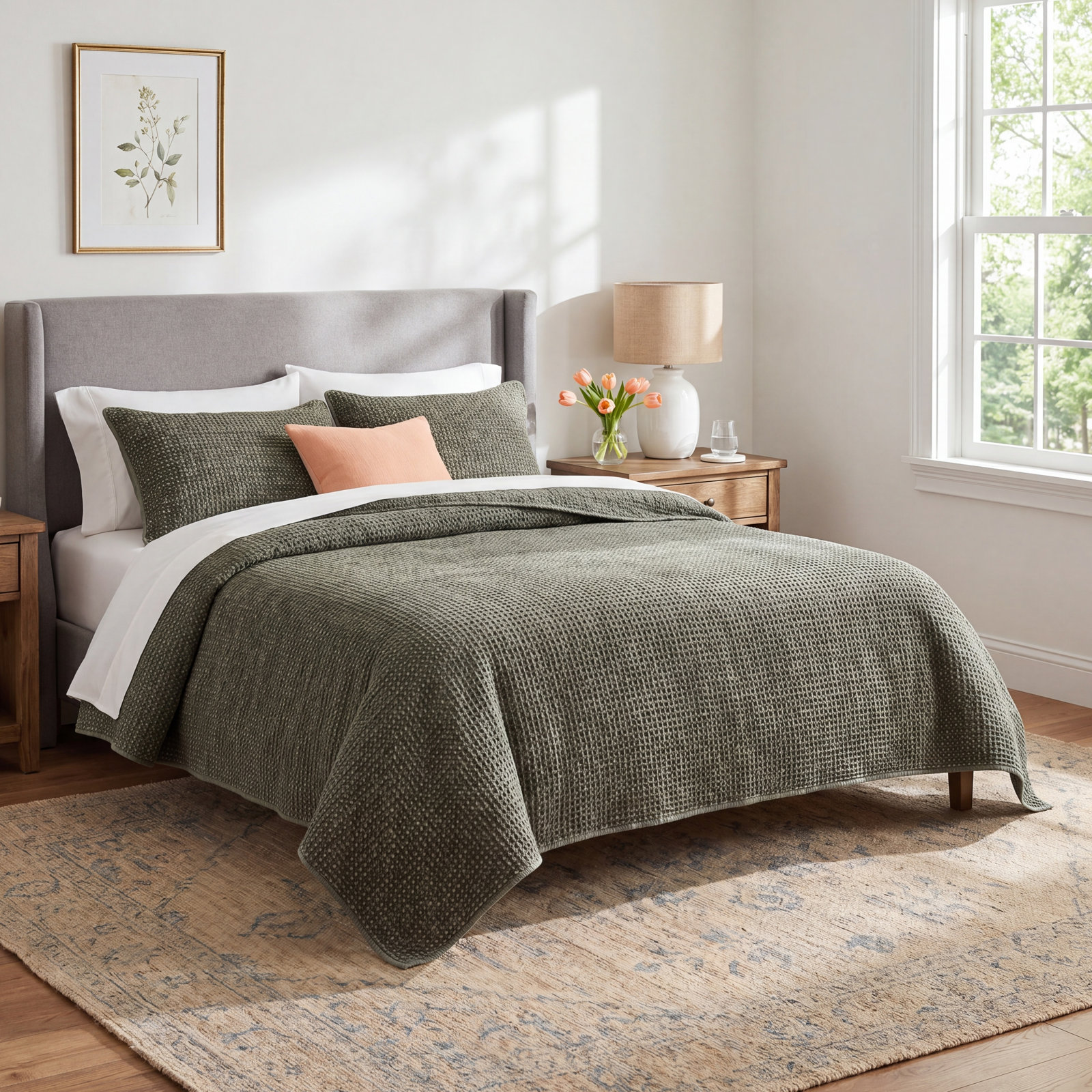Stonewashed 100% Natural Cotton Waffle Quilt Set, Queen Quilt + 2 Standard Shams, Olive Green