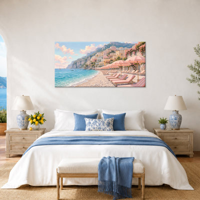 Art mural sur toile Amalfi Coast mettant en vedette des rangées de parasols de plage à rayures roses et une atmosphère de station balnéaire pastel pour chambre d'amis, galerie tendue et prête à accrocher, 32 x 16 po