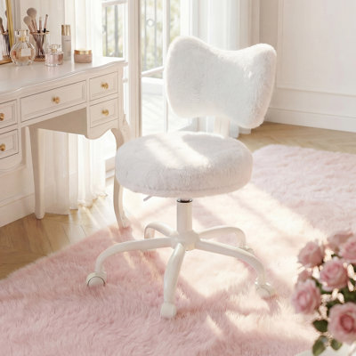 Butterfly Bow Back Vanity Chair with Wheels – Adjustable Height Task Chair, Soft Faux Rabbit Fur Upholstered Swivel Chair for Bedroom & Home Office
