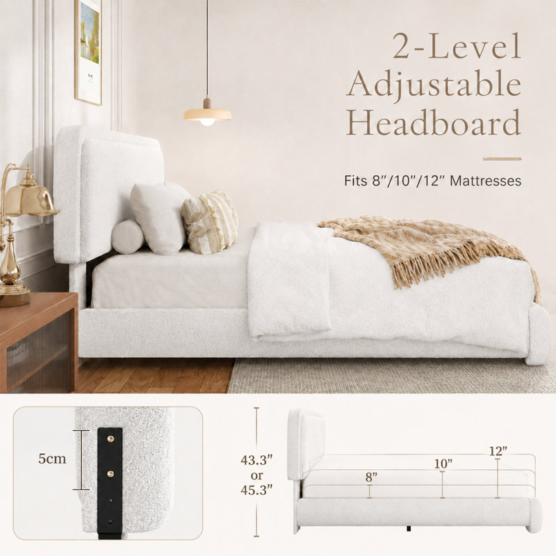 Boucle Bed Frame with Adjustable Headboard, Upholstered Bed Frame with Soft Rounded Corners, No Box Spring Needed/Easy Assembly/Noise Free