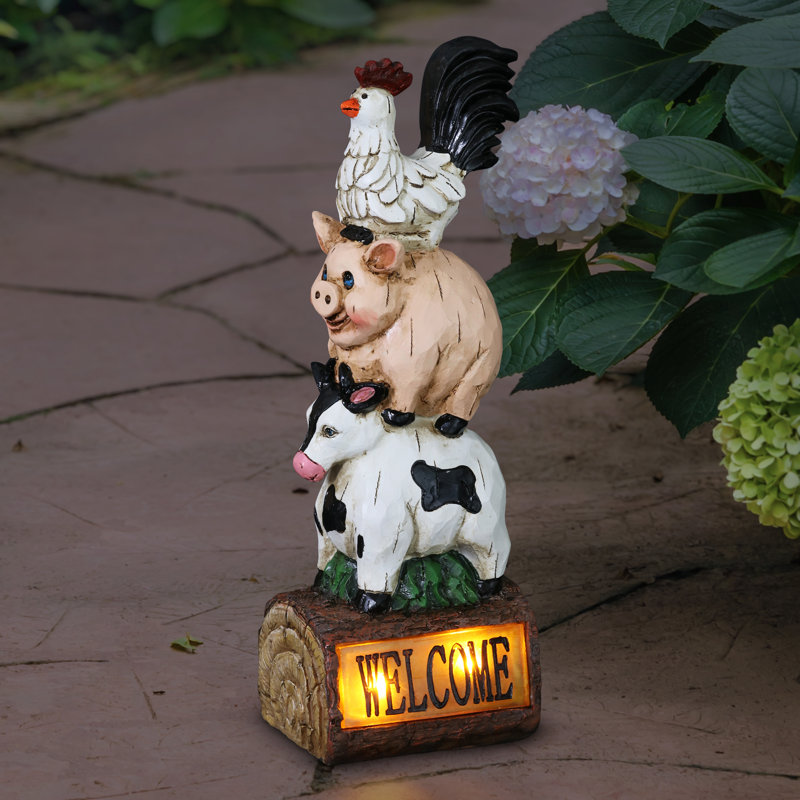 Solar Stacked Farm Animals Resin Garden Statue with LED Light