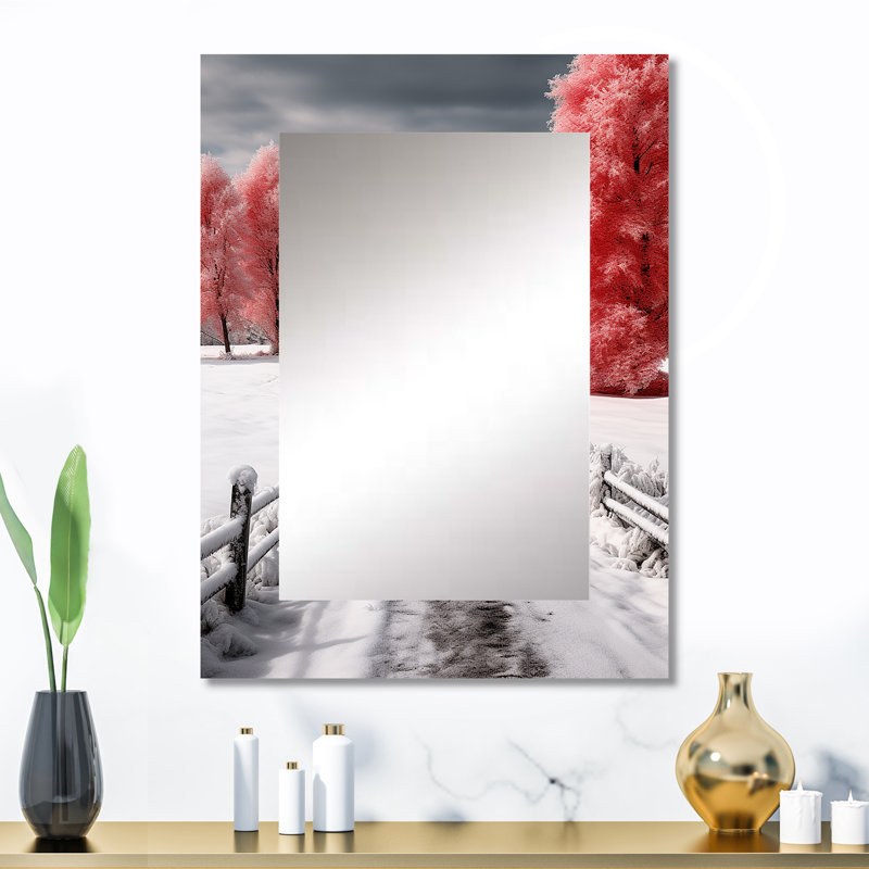 Kiantone Red and White Winters Barn - Landscape Large Mirror, Red Decorative Wall Mirror, Printed Metal Art, 32" x 24"