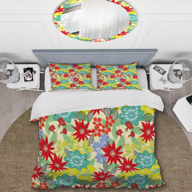 Fleurs jaunes et rouges - Ensemble de housse de couette Cabin & Lodge, Housse de couette simple + 1 taie décorative stan