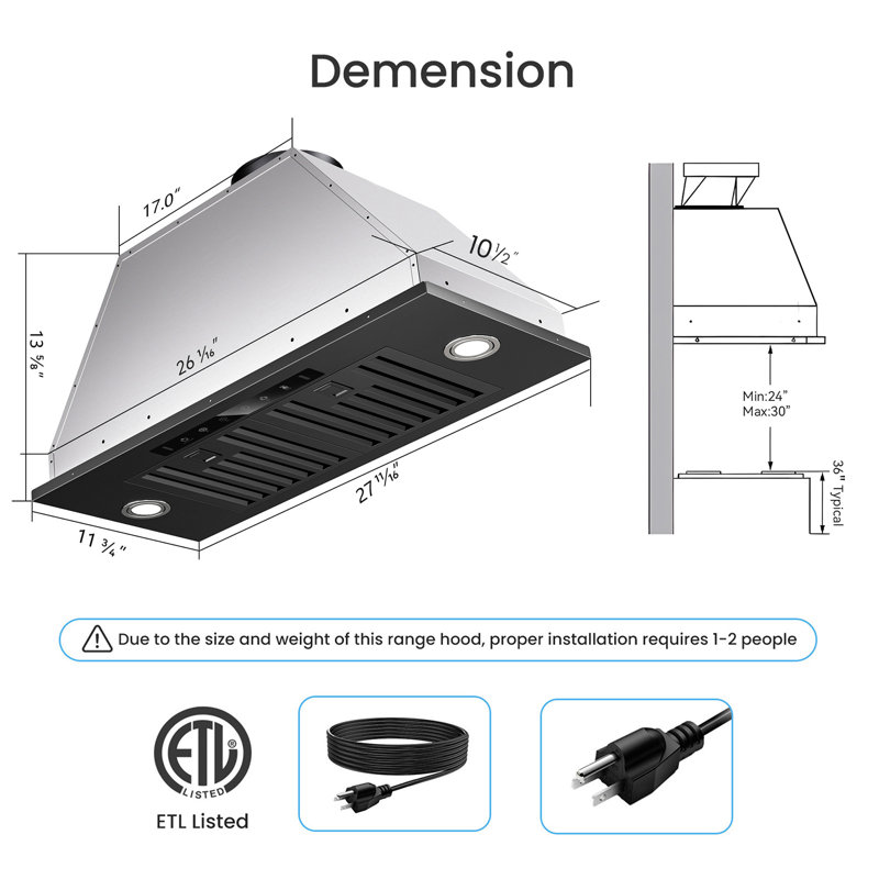Hotte intégrée 500CFM avec lumières DEL et contrôle des mouvements, Noir